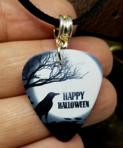 Happy Halloween Raven Guitar Pick Necklace on Black Suede Cord