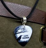 Happy Halloween Raven Guitar Pick Necklace on Black Suede Cord