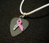 Pink Ribbon Survivor Charm on Black Matte Guitar Pick Necklace on Rolled White Cord