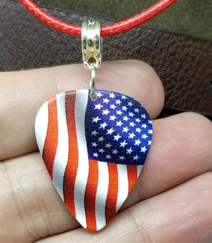 CLEARANCE American Flag Guitar Pick Necklace with Rolled Red Cord