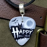 Happy Halloween Haunted House Guitar Pick Necklace on Black Suede Cord