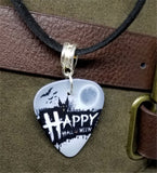 Happy Halloween Haunted House Guitar Pick Necklace on Black Suede Cord