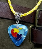 Autism Awareness Heart Charm on Aqua Guitar Pick Necklace on Yellow Braided Leather Cord
