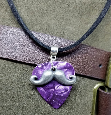 Silver Mustache Charm with a Purple MOP Guitar Pick Necklace on Black Suede Cord