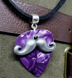 Silver Mustache Charm with a Purple MOP Guitar Pick Necklace on Black Suede Cord