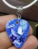 Dove, Peace, Hope, Peace Sign Guitar Pick Necklace on a White Rolled Cord