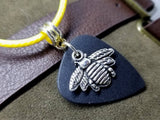 Bee on Black Guitar Pick Necklace and Yellow Rolled Cord