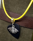 Bee on Black Guitar Pick Necklace and Yellow Rolled Cord