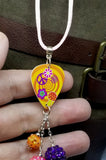 Peace Sign, Flowers, and Mushrooms Guitar Pick on a Pink Suede Cord Necklace with Studded Bead Dangles