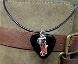 Red Race Car Charm on a Black Guitar Pick Necklace with Rolled Black Cord