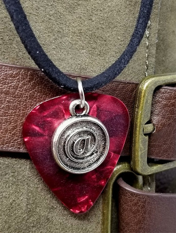 At Symbol on Red MOP Guitar Pick and Black Suede Cord Necklace