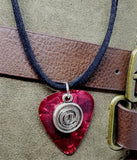 At Symbol on Red MOP Guitar Pick and Black Suede Cord Necklace