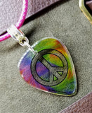 Transparent Tie Dye Peace Sign Guitar Pick on a Hot Pink Rolled Cord Necklace