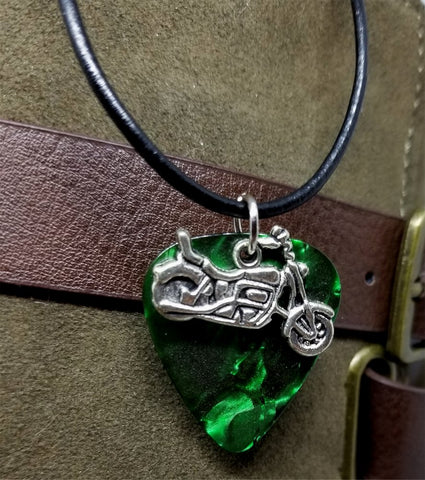 Motorcycle Charm on a Green MOP Guitar Pick Necklace with a Rolled Black Leather Cord