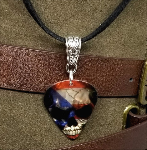Flag of Puerto Rico Over Skull Guitar Pick Necklace on Black Suede Cord