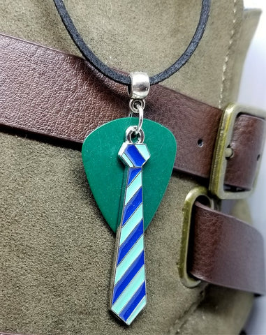 Light Blue and Dark Blue Tie with a Green Guitar Pick on a Black Suede Cord Necklace