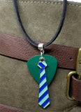 Light Blue and Dark Blue Tie with a Green Guitar Pick on a Black Suede Cord Necklace