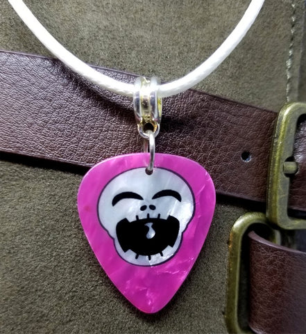 Open Mouthed Skull on a Hot Pink MOP Guitar Pick on a White Rolled Cord Necklace