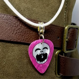 Open Mouthed Skull on a Hot Pink MOP Guitar Pick on a White Rolled Cord Necklace