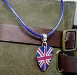 British Flag Union Jack Guitar Pick Necklace with Rolled Blue Cord