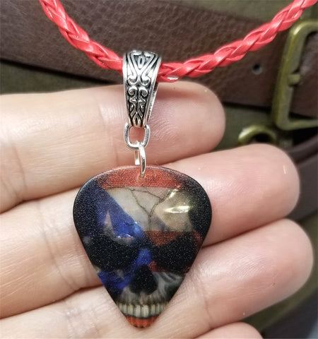 Flag of Puerto Rico Over Skull Guitar Pick Necklace on Red Braided Leather Cord