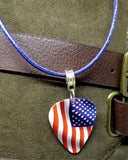American Flag Guitar Pick Necklace with Rolled Blue Cord