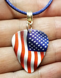 American Flag Guitar Pick Necklace with Rolled Blue Cord