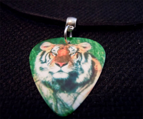 Tiger Guitar Pick Necklace on Black Suede Cord