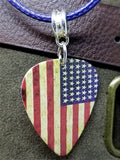 American Flag Distressed Guitar Pick Necklace with Rolled Blue Cord