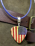 American Flag Distressed Guitar Pick Necklace with Rolled Blue Cord