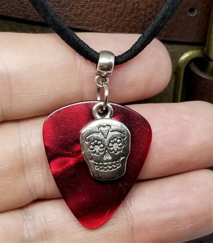 Sugar Skull Charm on Red MOP Guitar Pick Necklace with Black Suede Cord