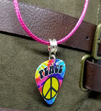 Tie Dye Peace Sign Guitar Pick on a Hot Pink Rolled Cord Necklace