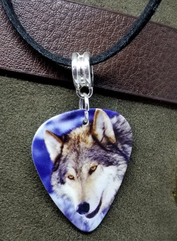 Winter Wolf Guitar Pick Necklace on a Black Suede Cord