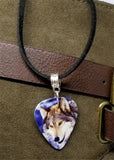 Winter Wolf Guitar Pick Necklace on a Black Suede Cord