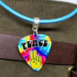 Tie Dye Peace Sign Fingers Guitar Pick on a Blue Rolled Cord Necklace
