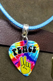 Tie Dye Peace Sign Fingers Guitar Pick on a Blue Rolled Cord Necklace