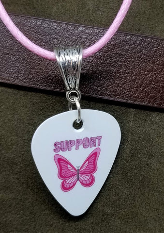 Support Guitar Pick Necklace on a Pink Rolled Cord