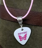Support Guitar Pick Necklace on a Pink Rolled Cord