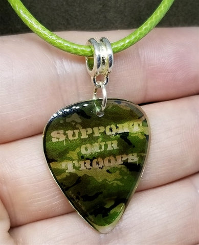 Support Our Troops Camo Guitar Pick Necklace on Green Rolled Cord