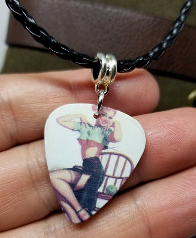 Classic Pin Up Guitar Pick Necklace on Black Braided Cord