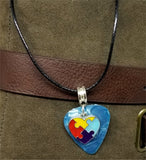 Autism Awareness Heart Charm on Aqua Guitar Pick Necklace on Black Rolled Cord