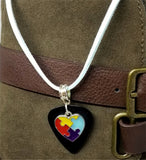 Autism Awareness Heart Charm on Black Guitar Pick Necklace with Light Blue Suede Cord