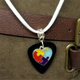 Autism Awareness Heart Charm on Black Guitar Pick Necklace with Light Blue Suede Cord