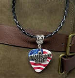 Military Wife Charm on American Flag Guitar Pick Necklace on Black Braided Cord