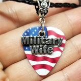 Military Wife Charm on American Flag Guitar Pick Necklace on Black Braided Cord