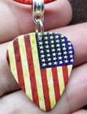 American Flag Distressed Guitar Pick Necklace with Rolled Red Cord