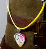Peace Sign Guitar Pick on a Yellow Rolled Cord Necklace
