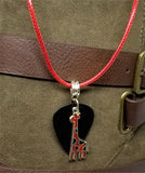 Red Giraffe Charm with a Black Guitar Pick on a Red Rolled Cord Necklace