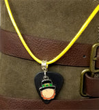 Leprechaun Charm on a Black Guitar Pick Necklace on Yellow Rolled Cord