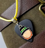 Leprechaun Charm on a Black Guitar Pick Necklace on Yellow Rolled Cord